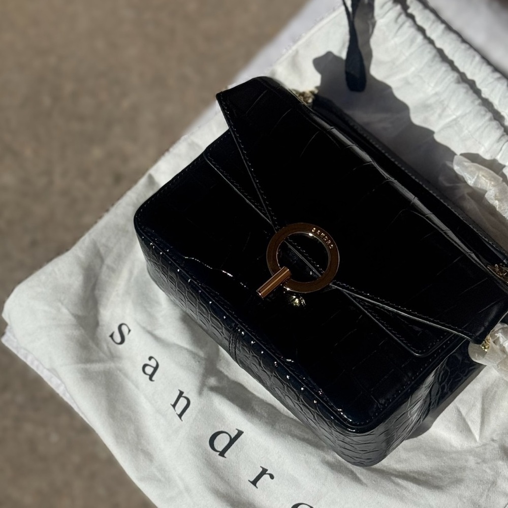 Sandro Black Croc-Embossed Patent Leather Crossbody Bag with Gold Ring Clasp - Picture 3 of 16